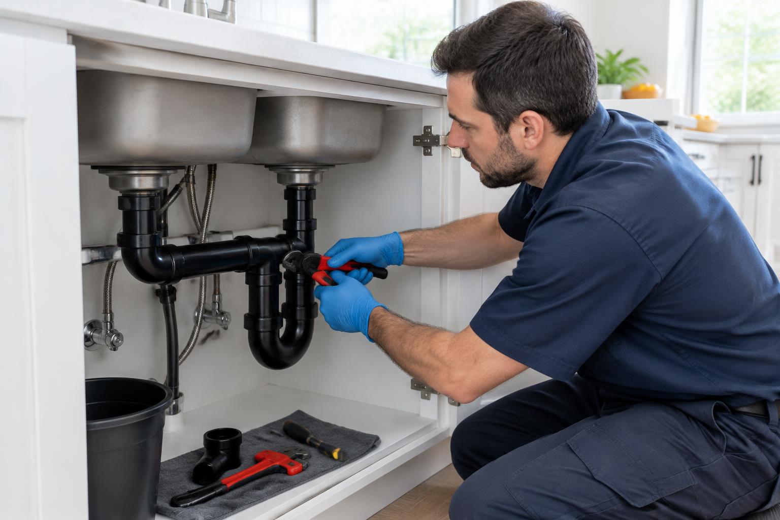 Plumbing professional repairing sink drainage